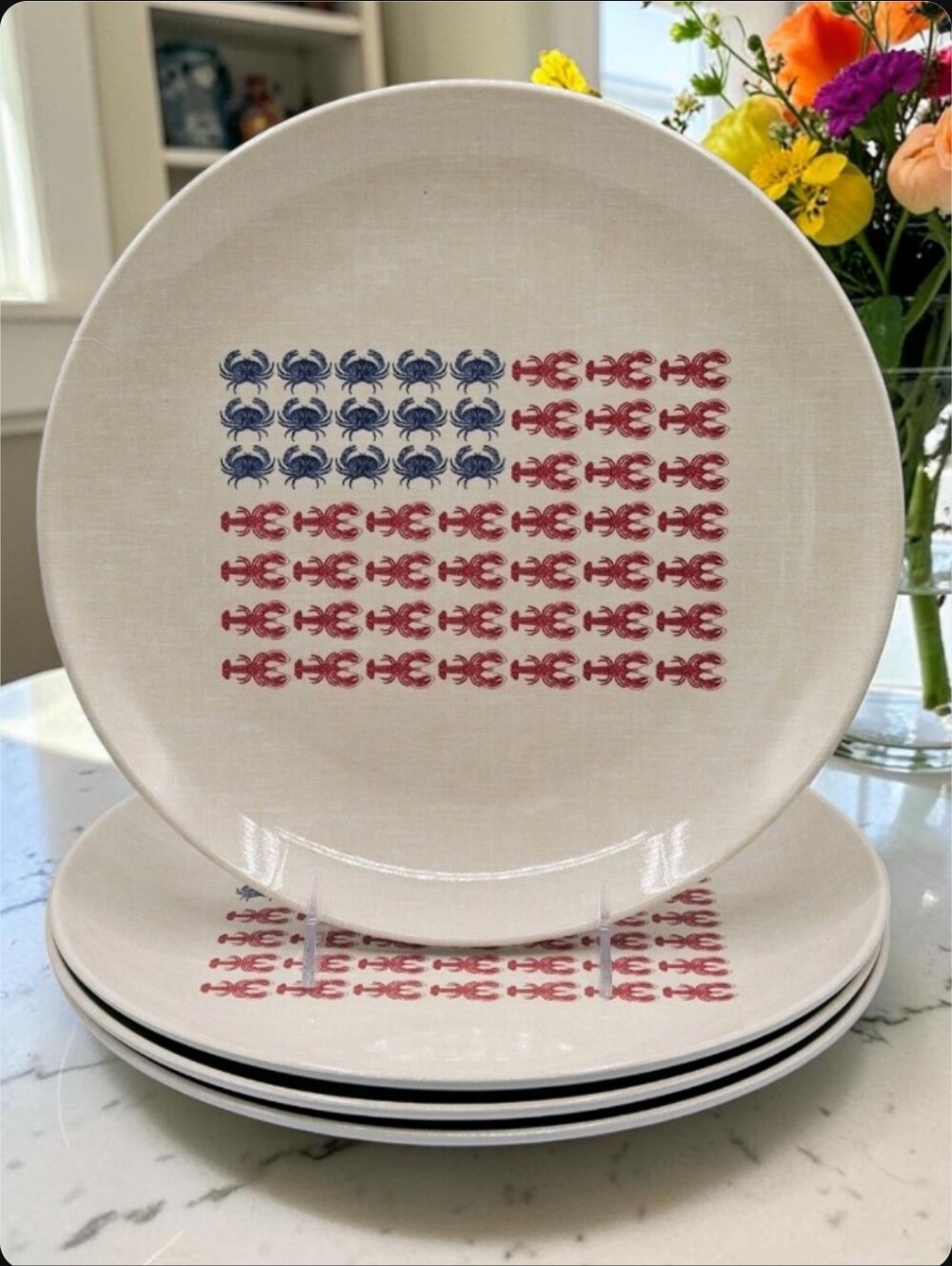 4pc LOBSTER & CRAB Patriotic Flag Indoor Outdoor Melamine Dinner Plate Set NEW